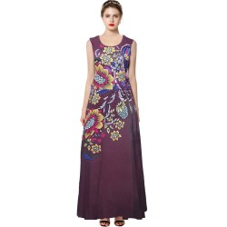 Casual Floral Printed Sleeveless Maxi Dress- Maroon 