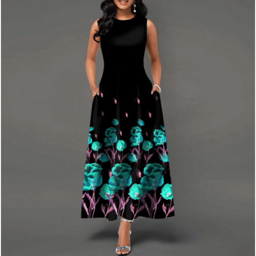 Casual Spring Floral Printed Maxi Dress- Black |image