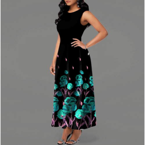 Casual Spring Floral Printed Maxi Dress- Black |image