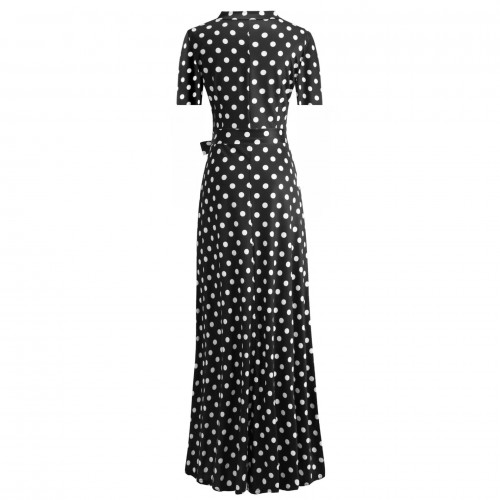Long Polka Dot Short Sleeve Maxi Dress - Black |image