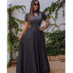 Long Polka Dot Short Sleeve Maxi Dress - Black 