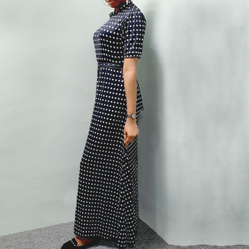 Long Polka Dot Short Sleeve Maxi Dress - Black |image
