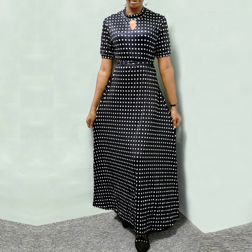 Long Polka Dot Short Sleeve Maxi Dress - Black |image