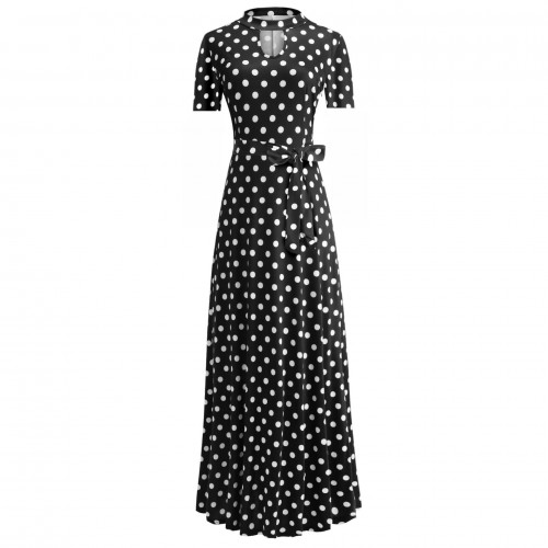 Long Polka Dot Short Sleeve Maxi Dress - Black |image