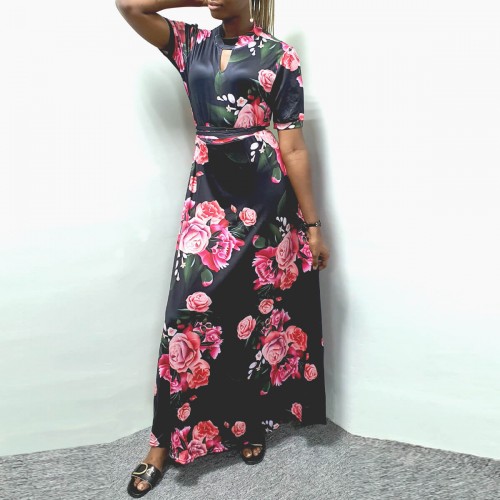 Elegant Floral Printed Half Sleeves Maxi Dress - Black |image