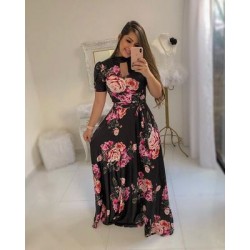 Elegant Floral Printed Half Sleeves Maxi Dress - Black 