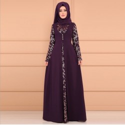 Elegant Arabic Style Long Sleeved Maxi Dress - Purple