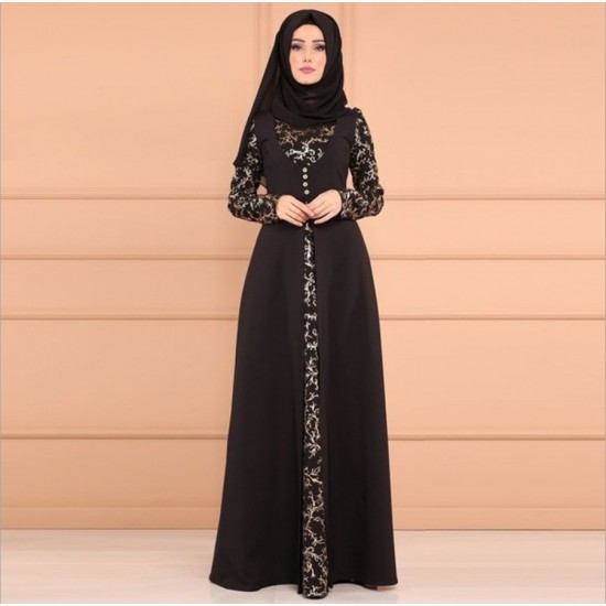 Elegant Arabic Style Long Sleeved Maxi Dress - Black |image