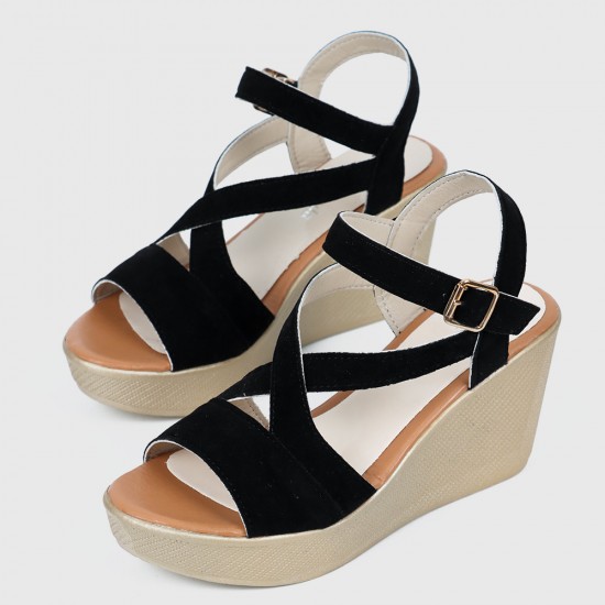 Roman Style Slope High Wedge Sandals - Black |image
