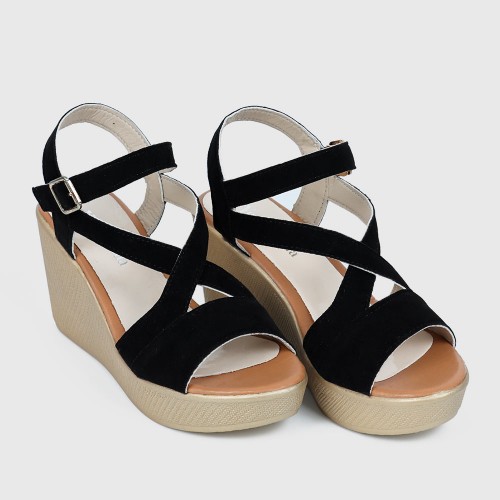 Roman Style Slope High Wedge Sandals - Black |image