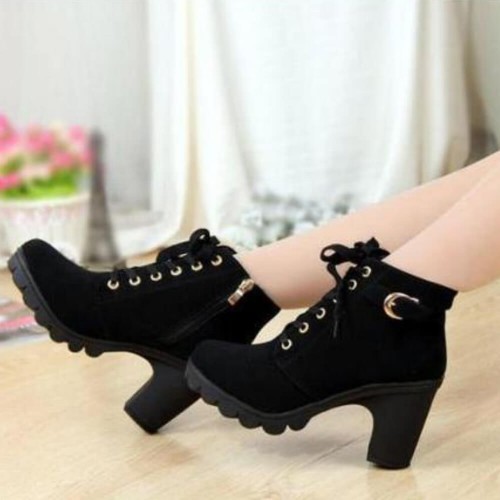 Martin Style High Heels Round Toe Laces Up Boots - Black |image