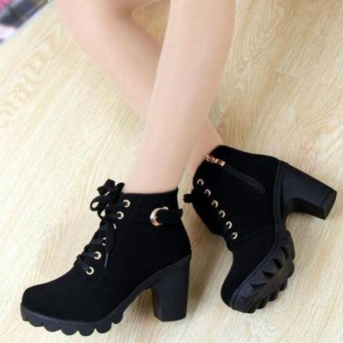 Martin Style High Heels Round Toe Laces Up Boots - Black |image