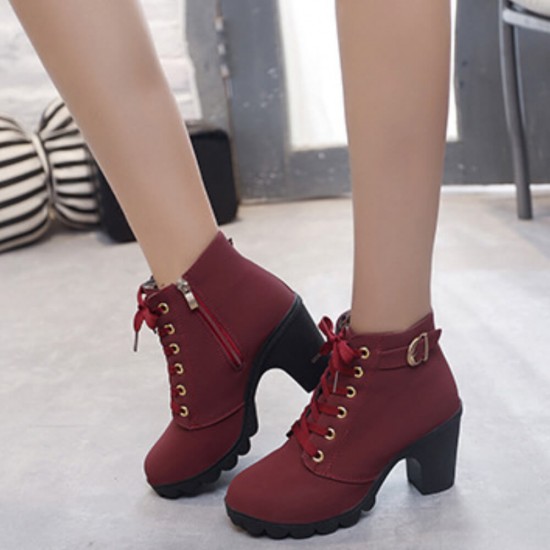 Martin Style High Heels Round Toe Laces Up Boots - Red Martin Style High Heels Round Toe Laces Up Boots - Red |image