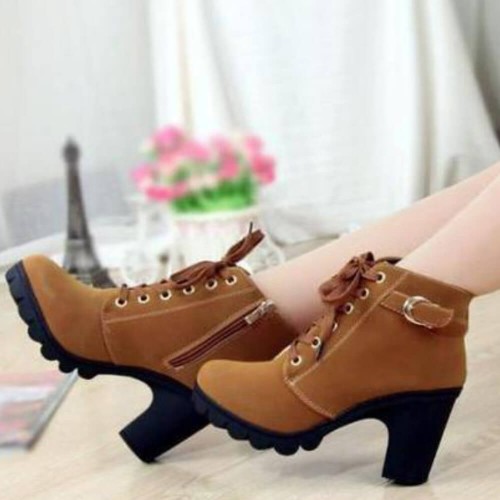 Martin Style High Heels Round Toe Laces Up Boots - Brown |image