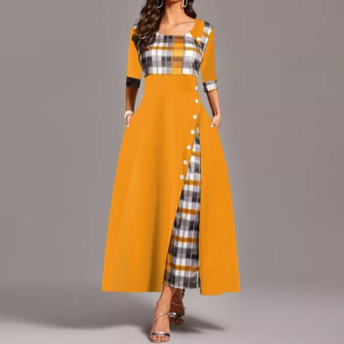 Plaided Style Contrast Short Sleeve Long Dress - Brown |image