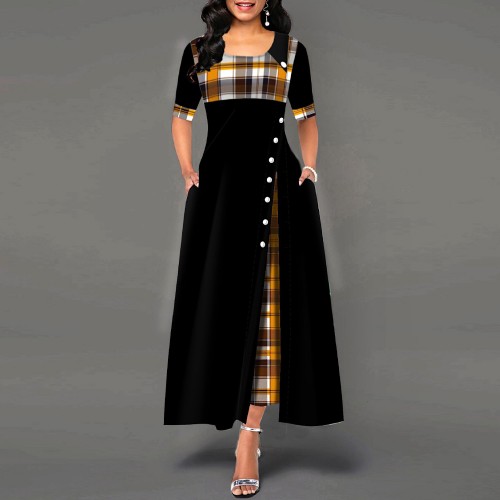 Women's Plaid Style Contrast Short Sleeve Long Dress 