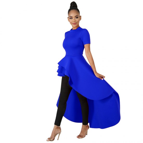 Irregular Ruffle Skirt Style Evening Dress - Blue |image