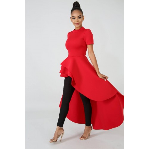 Irregular Ruffle Skirt Style Evening Dress - Red |image