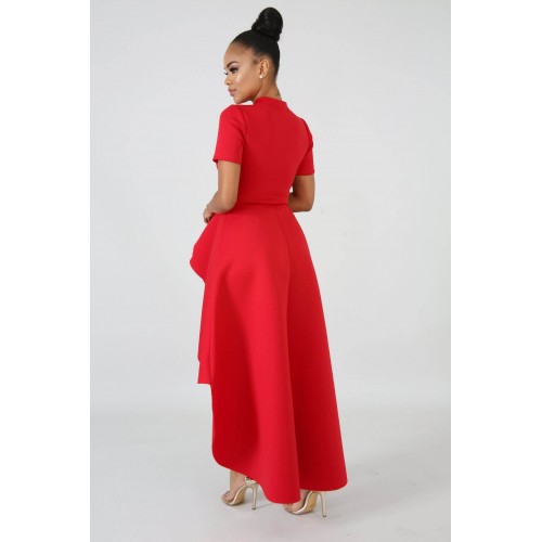 Irregular Ruffle Skirt Style Evening Dress - Red |image
