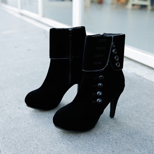 Long Hot Style Suede Button High Heeled Boots - Black |image