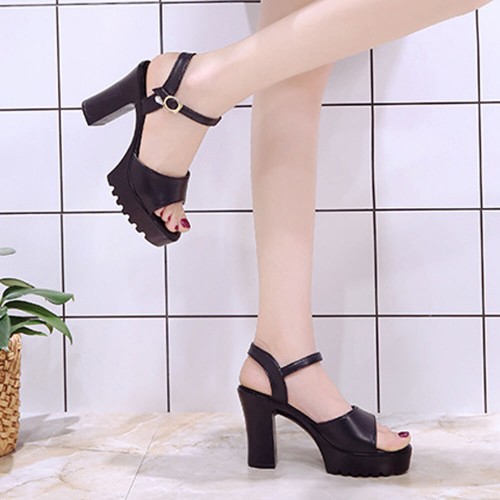 Stylish Summer Style Thick Heel Buckle Sandals - Black |image