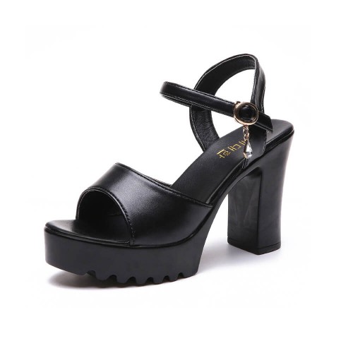Stylish Summer Style Thick Heel Buckle Sandals - Black |image