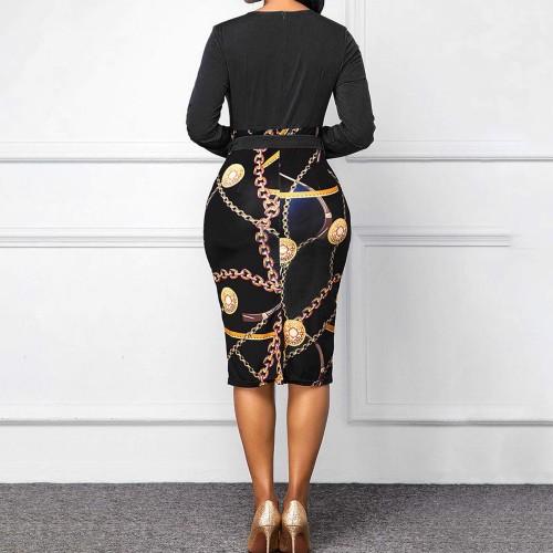 Bodycon Tie Knot Chain Printed Mini Dress - Black |image