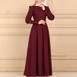 Stylish Long Sleeved Front Button Arabic Kaftan Dress - Maroon 
