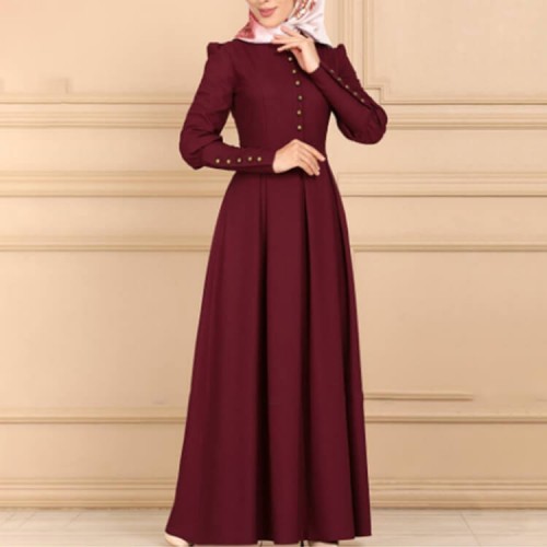 Stylish Long Sleeved Front Button Arabic Kaftan Dress - Maroon |image