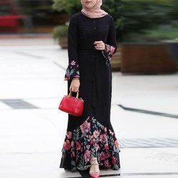 Floral Printed Front Button Style Muslim Maxi Dress-Black 