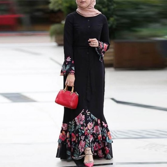 Floral Printed Front Button Style Muslim Maxi Dress-Black Floral Printed Front Button Style Muslim Maxi Dress-Black |image