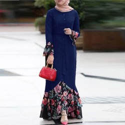 Floral Printed Front Button Style Muslim Maxi Dress- Blue 