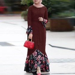 Floral Printed Front Button Style Muslim Maxi Dress- Maroon 