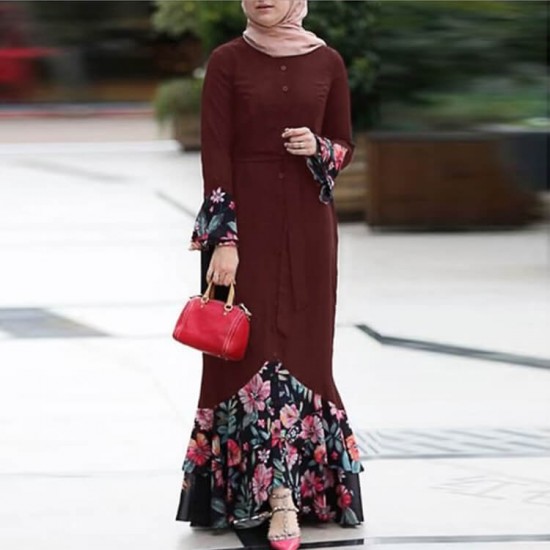Floral Printed Front Button Style Muslim Maxi Dress- Maroon |image