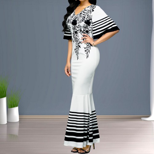 Floral Printed Mermaid Style Ruffle Sleeve Maxi Dress 