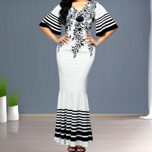 Floral Printed Mermaid Style Ruffle Sleeve Maxi Dress 