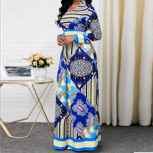European Style Multi Pattern Split Neck Maxi Dress - Blue |image