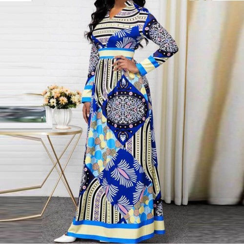 European Style Multi Pattern Split Neck Maxi Dress - Blue |image