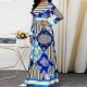 European Style Multi Pattern Split Neck Maxi Dress - Blue |image