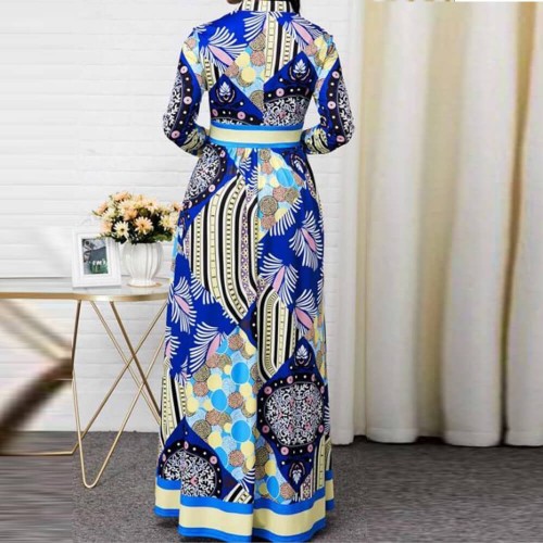 European Style Multi Pattern Split Neck Maxi Dress - Blue |image