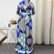 European Style Multi Pattern Split Neck Maxi Dress - Blue |image