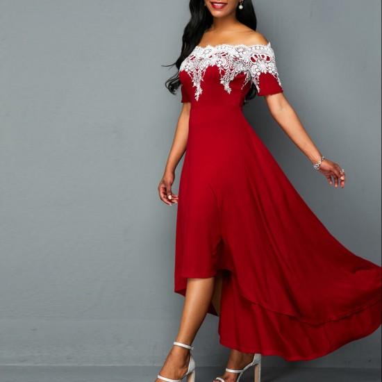 Lace Patchwork Off Shoulder High Low Dress- Red Lace Patchwork Off Shoulder High Long Dress - Red |image