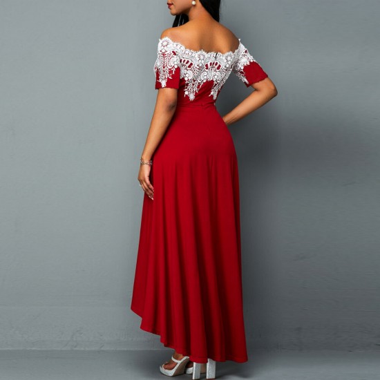 Lace Patchwork Off Shoulder High Low Dress- Red Lace Patchwork Off Shoulder High Long Dress - Red |image