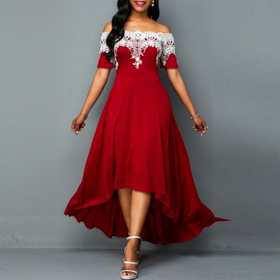 Lace Patchwork Off Shoulder High Low Dress- Red Lace Patchwork Off Shoulder High Long Dress - Red |image