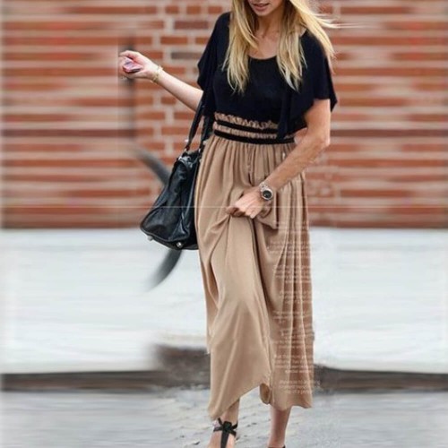 Ruffled Sleeves Slim Waist Chiffon Long Skirt Dress - Brown |image