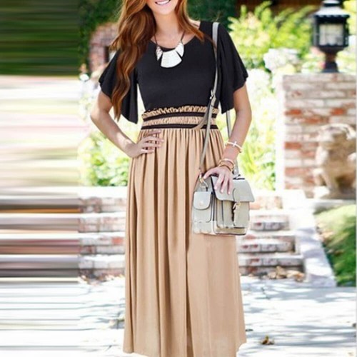 Ruffled Sleeves Slim Waist Chiffon Long Skirt Dress - Brown |image