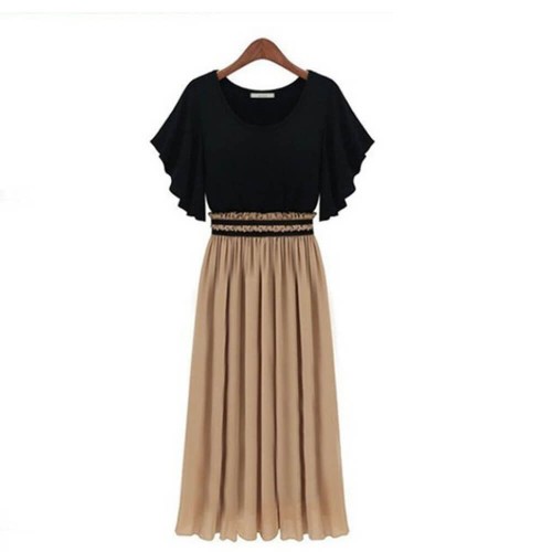 Ruffled Sleeves Slim Waist Chiffon Long Skirt Dress - Brown |image