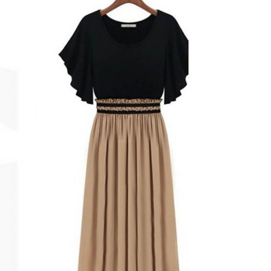 Ruffled Sleeves Slim Waist Chiffon Long Skirt Dress - Brown |image