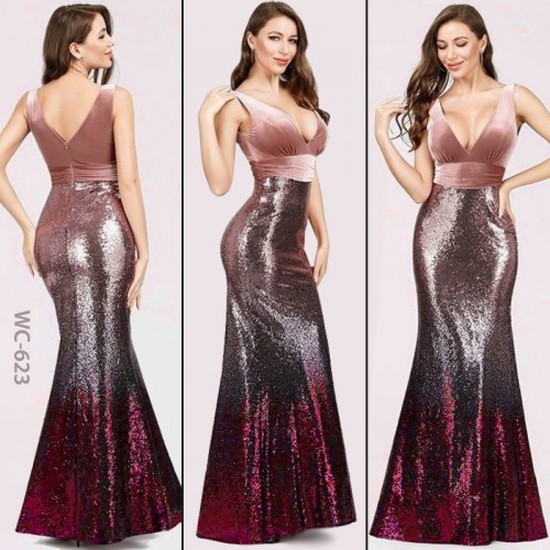 Sexy V-Neck Sequined Skirt Mermaid Party Dress - Pink |image