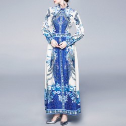 Lapel Long-sleeved Retro Palace Printed Maxi Dress - Blue 